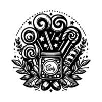 illustration of a jar labeled Candy with various swirly lollipops, candies, and decorative floral elements in black and white. vector