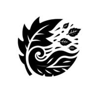 Black and white stylized leaf emblem, showcasing a central spiral, multiple leaf elements, and droplet details, set against a soft white background. vector