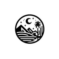 Minimalist Black and White Desert Landscape with Mountains, Moon, Palm Tree, and Cactus inside a Circle. vector