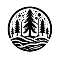 Black and White Circular Silhouetted Forest Scene with Trees, Swirling Hills, and Celestial Elements. vector