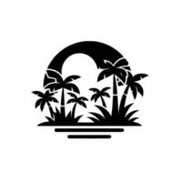 Silhouette of a Tropical Paradise Palm trees and grass framed by an arc, representing sun, and a minimalistic aesthetic on a white background. vector