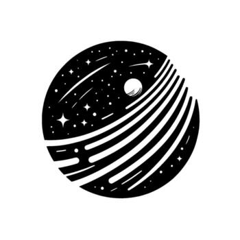 A black and white celestial set within a circle, featuring stars, a moon, and stylized parallel lines, creating a cosmic aesthetic. vector