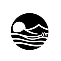 Minimalist black and white circular landscape emblem featuring a mountain range, rising sun, water and a stylized plant. vector