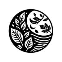 Yin Yang Floral Harmony Black and White Circular with Leaves, Moon, and Water Elements Representing Balance and Natures Dualities. vector