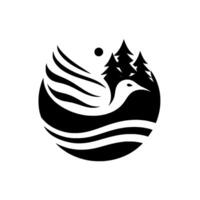 Elegant Black and White A Bird Gliding over Water, Silhouetted by Pine Trees and a Moon in a Round Composition. vector