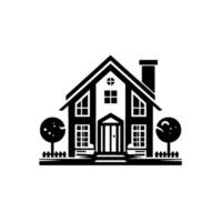 Stylized Black White Silhouette of a Classic Home with Chimney, Trees, Windows and a picket fence, set against a blank white backdrop. vector