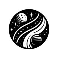 Abstract Black and White Circular Composition with Planets, Stars, and Cosmic Trails Minimalist Space Art. vector
