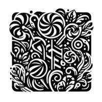 Black and White Abstract Composition Lollipops and Floral Elements in a Decorative Square Frame. vector