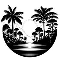 Silhouetted jungle scene in black and white, encircled, featuring palm trees, varied foliage, and a serene river reflecting a stylized sun or moon. vector