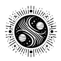 Cosmic Yin Yang in Circle Black and White Celestial Illustration of Planets, Stars, and Swirling Energy, Dot and Line Style. vector