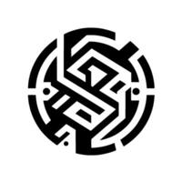 Intricate black and white circular featuring a geometric maze pattern and integrated abstract shapes. vector