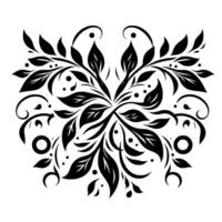 Symmetrical black and white floral , with stylized leaves, dots, and swirls forming a mandalalike ornamental pattern, on a stark white background. vector