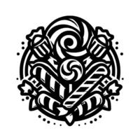 Whimsical Black and White Candy Composition Swirl Lollipop, Striped Candy Canes, and Wrapped Sweets in a Circular Emblem vector