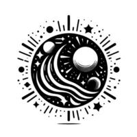 Celestial Circle A monochrome cosmic featuring stylized planets, stars, waves, and radiating lines, evoking a sense of space and mystery. vector