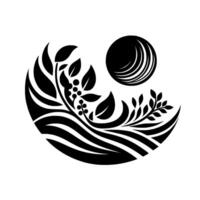 Abstract black and white featuring flowing lines, stylized foliage, berries, and a sunlike sphere, creating a balanced composition. vector