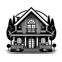 Stylized Black and White Illustration of a Classic TwoStory House with Porch, Balcony, and Trees. vector