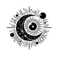 Celestial Illustration Crescent Moon Enfolding Sunburst Center, Surrounded by Stars, Orbs, and Geometric Light Rays. vector