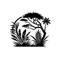 Black Silhouette of Lush Tropical Landscape, Featuring Trees, Grass, Palm and Foliage, Within a Circular Frame on White vector