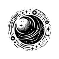 Abstract Celestial Vortex A Black and White Circular with Swirling Lines, Stars, and Dots, Suggesting Cosmic Energy and Mysticism. vector