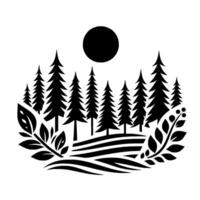 Minimalist Black and White Forest Scene with Silhouette Trees, Sun, and Foliage Border, Evoking a Sense of Peace. vector