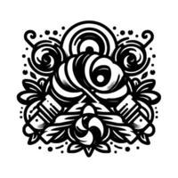 Ornate Black and White Illustration Featuring Lollipops, Sweets, Swirls, and Floral Elements in a Symmetrical . vector