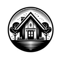 Monochromatic, Stylized Illustration of a House with Trees, Framed in a Circular Border, Featuring a Chimney, and a Simple Door with Trees. vector