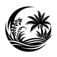 A stylized black and white tropical scene featuring a crescent moon, palm tree, and other vegetation within a circular frame, evoking a serene and natural ambiance. vector