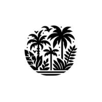 Tropical Paradise Silhouette Scene of Palm Trees, Foliage, and Birds Within a Circular Frame in Minimalist Black and White . vector