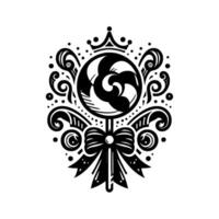 Elegant Black White Lollipop with Crown, Swirls, Bow, and Decorative Elements, on a White Background. vector