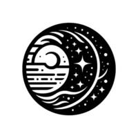 A stylized black and white in a circular shape. It depicts a Death Star next to a crescent moon against a starry background. vector