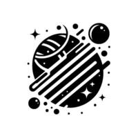 Stylized Black and White Cosmic Food Composition A Circular Planetlike Form Encompassing a Frying Pan, Fork, and Celestial Elements. vector
