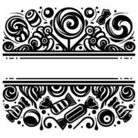 Intricate Black White Sweet Treats Border Featuring Lollipops, Candies, and Decorative Swirls for Custom Text. vector