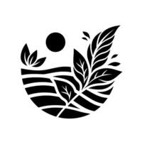 Abstract black and white circular featuring stylized leaves, sun, and layered landscape, evoking natures harmony. vector