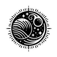 Abstract Black and White Celestial Illustration A stylized celestial body featuring stylized moons, suns, and starry night within a circular border. vector