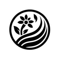 A minimalist black and white floral emblem a stylized flower with leaves and flowing lines within a circular frame, evoking nature and serenity. vector