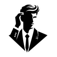Stylish monochrome portrait of a dapper man in a suit adjusting his hair, looking to the side with a hint of mystery. vector