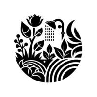 Stylized black and white circular illustration showcasing garden elements like a rose, leaves, berries, flowing water shower, and layered ground. vector