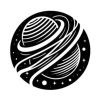 Cosmic Emblem A minimalist blackandwhite illustration featuring a planet with swirling energy lines, a celestial ring, and stars, all within a circular frame. vector