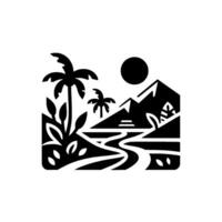 Black and white stylized landscape with palm trees, mountains, sun, and a winding river, showcasing a minimalistic . vector