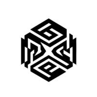 Geometric abstract hexagonal of interconnected black and grey ribbon patterns on a white background, showcasing depth and a modern aesthetic. vector