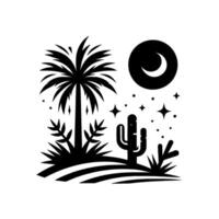 Monochrome desert night scene with a palm tree, cactus, crescent moon, stars, and stylized landscape elements in black and white. vector