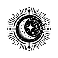 Celestial Harmony A Black and White Illustration of Crescent Moon, Stars, and Energetic Burst Within Concentric Circles vector