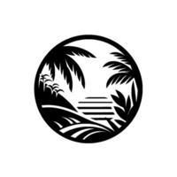 A stylized black and white illustration of a tropical sunset scene enclosed within a circular frame. vector