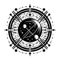 Celestial Compass A symmetrical black and white featuring a stylized planet, orbit lines, stars, and concentric circular geometric patterns resembling a cosmic guide. vector