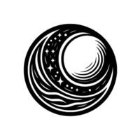 A minimalist black and white circular featuring a crescent moon, stars, and stylized wave patterns, suggestive of night or celestial themes. vector