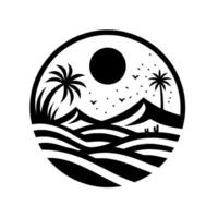Black and white circular desert landscape illustration, sun overhead, palm trees, rolling dunes, birds, and mountains. vector