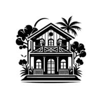 Black and White Illustration of a TwoStory Tropical House with Balconies, Trees, and a Crescent Moon Above. vector