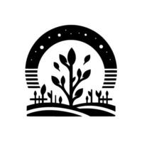 Black and white stylized illustration of a tree enclosed within an arch, landscape, and fence, suggestive of nature and growth. vector