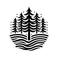 Minimalist Black and White Forest Stylized Pine Trees on a Wavy Ground, Surrounded by Dots, Artistic Emblem. vector