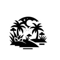 Stylized monochrome island scene, featuring palm trees, clouds, and a starry night, contained within a circular . vector